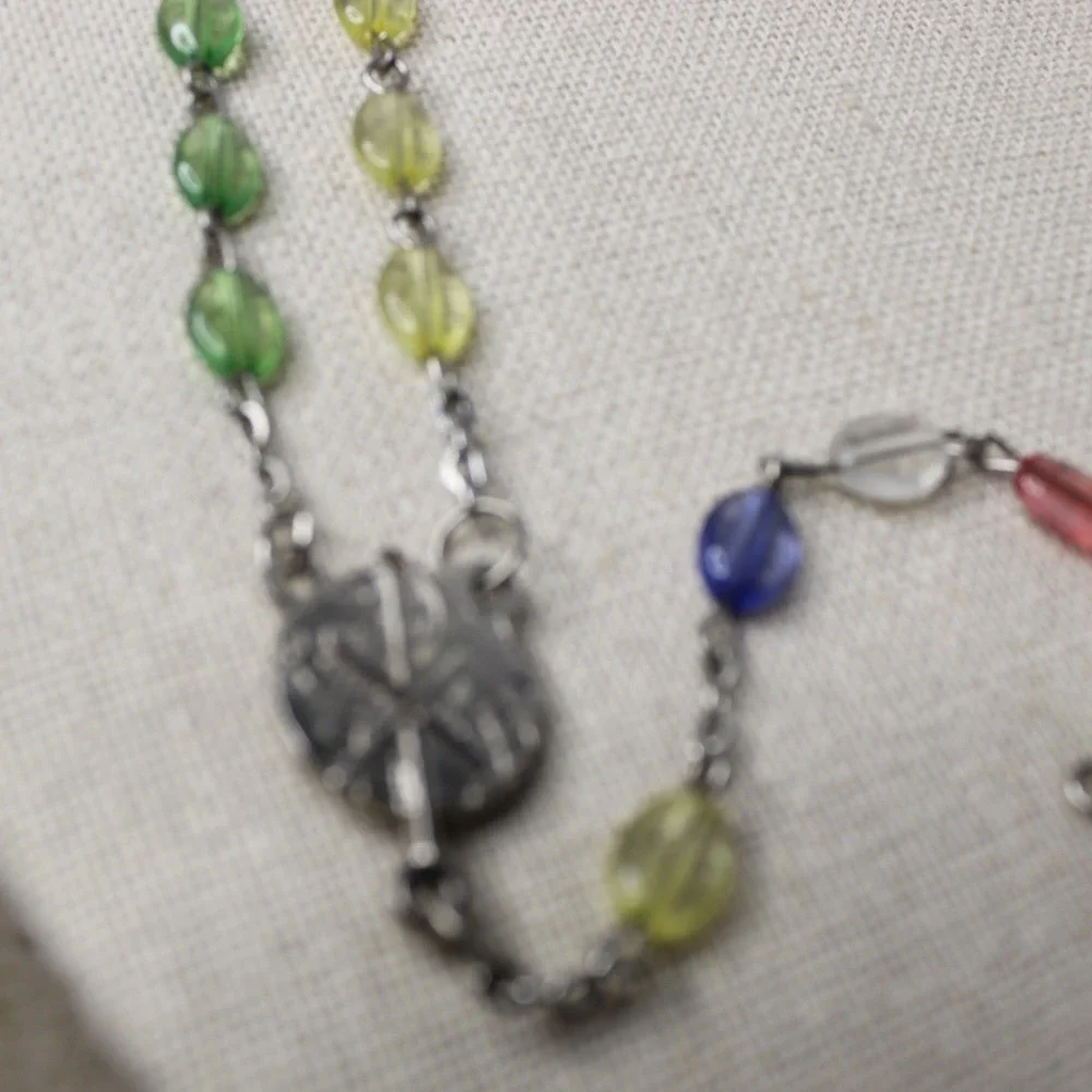 Catholic Rosary Necklace Multicolor Glass Bead Crucifix Virgin Mary Medal 23in